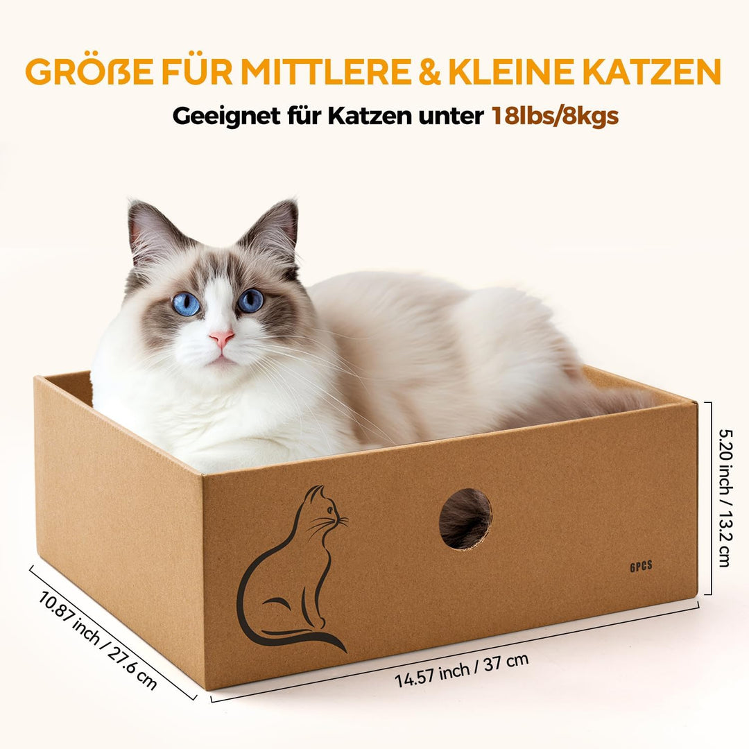AUSCAT Kratzbrett Katze mit Box, 6 STK. Doppelseitige Kratzpappe für Katzen, Wellpappe Kratzbrett fü