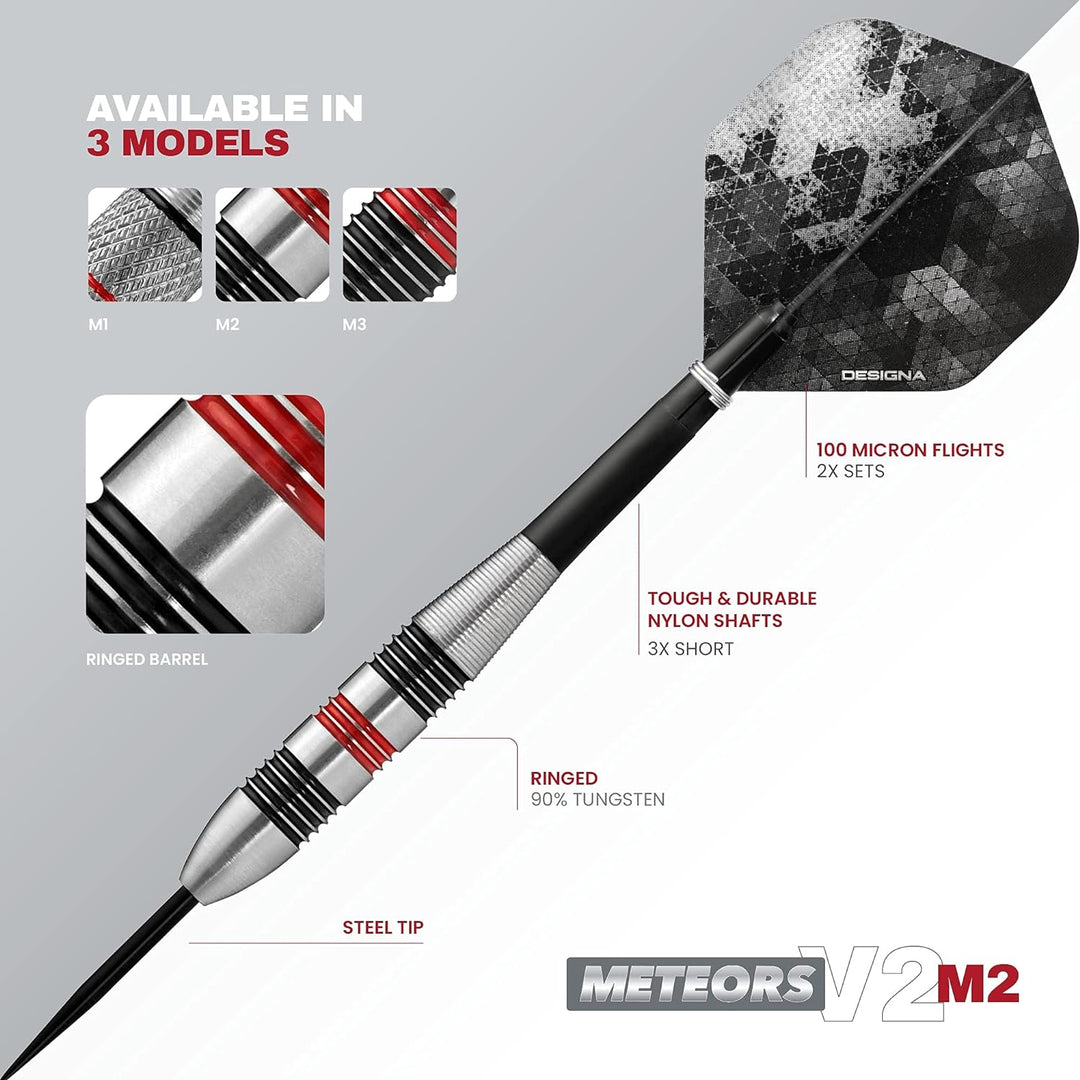 Designa Meteors 90 V2 Dartpfeile | M2 | Standard & Personalisierte Ringstahlspitze | 34g-36g-38g 85