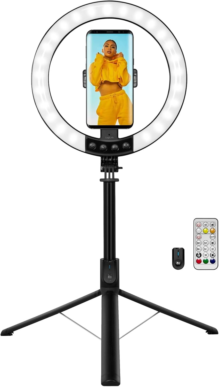 LogiLink AA0156 - LED Ringlicht/Ring Light (Ø 25 cm) mit Smartphone Halterung, 26-RGB-Farbmodi und 9
