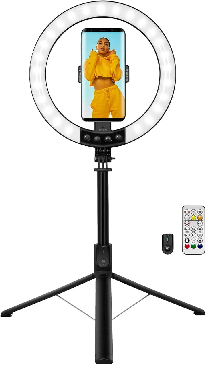 LogiLink AA0156 - LED Ringlicht/Ring Light (Ø 25 cm) mit Smartphone Halterung, 26-RGB-Farbmodi und 9