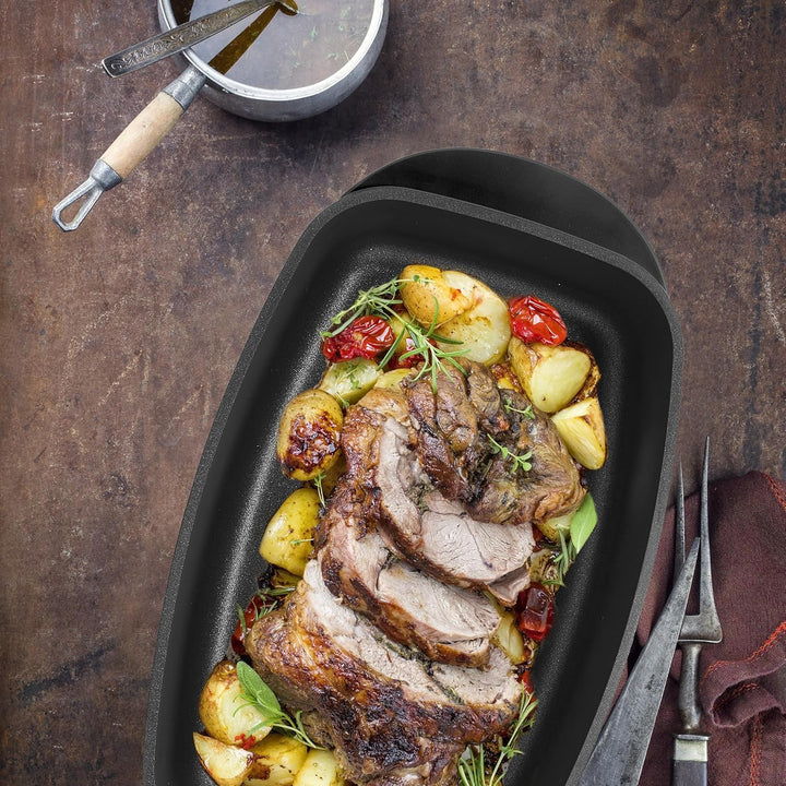 Relaxdays Bräter mit Deckel, Bratentopf 5 L, beschichteter Universalbräter mit Aromaknopf, Elektro-