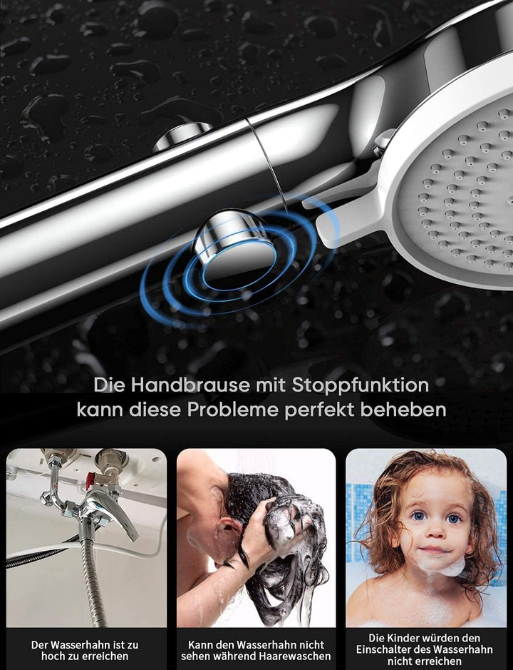 HONBOO Duschkopf mit Stoppfunktion, Wassersparender Duschkopf Hochdruck Handbrause mit 3 Strahlarten