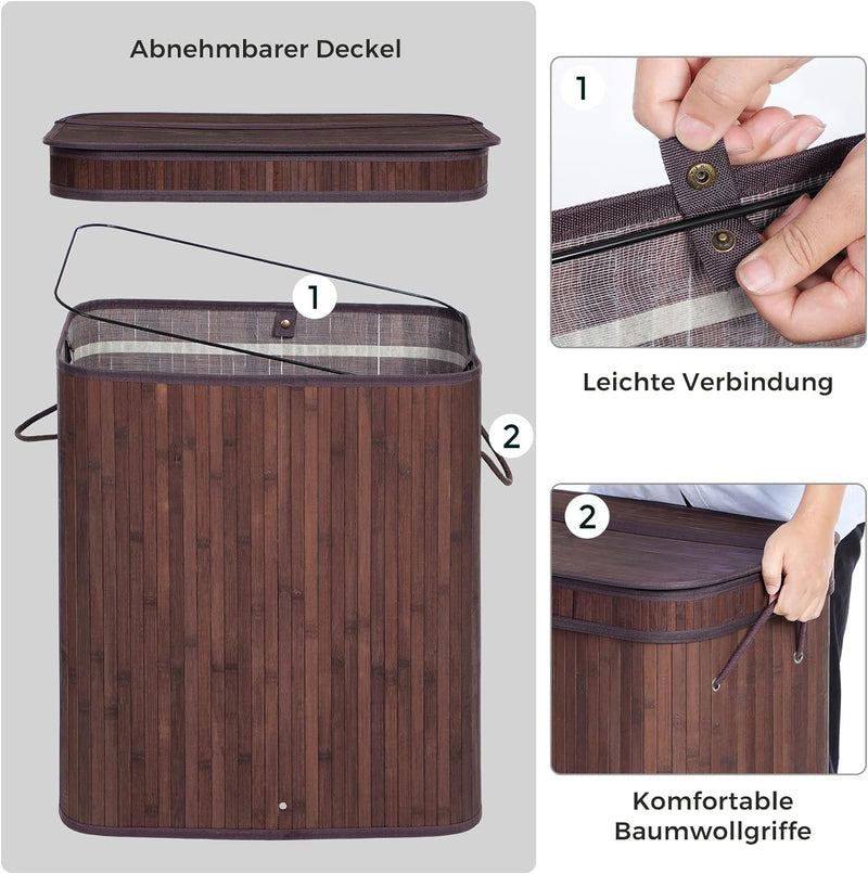 SONGMICS Wäschekorb mit Deckel, Wäschesammler Bambus, Wäschesack herausnehmbar und maschinenwaschbar