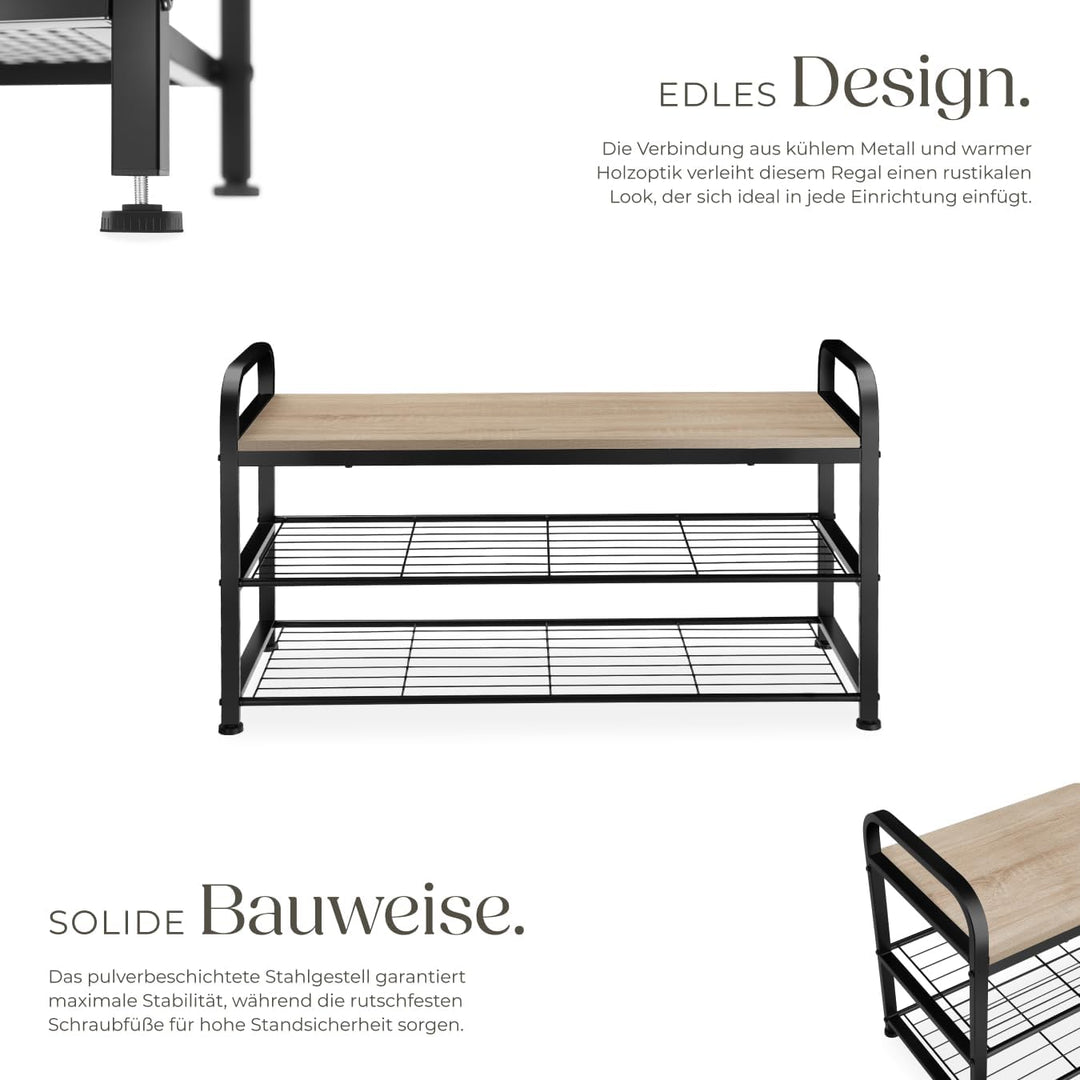 tectake 800951 Schuhregal mit Sitzfläche, Schuhbank aus Holz und Metall, Industrie-Design, 3 Ebenen