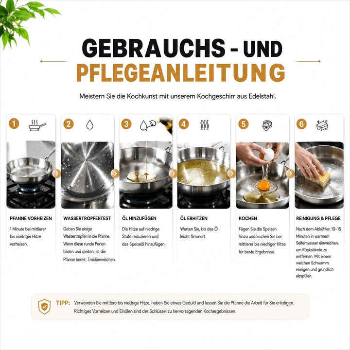 Edelstahlpfanne 20/24/28 cm mit 3 Deckeln | Durchgehend 3-lagige Bratpfanne, Induktionsgeeignet, Bac
