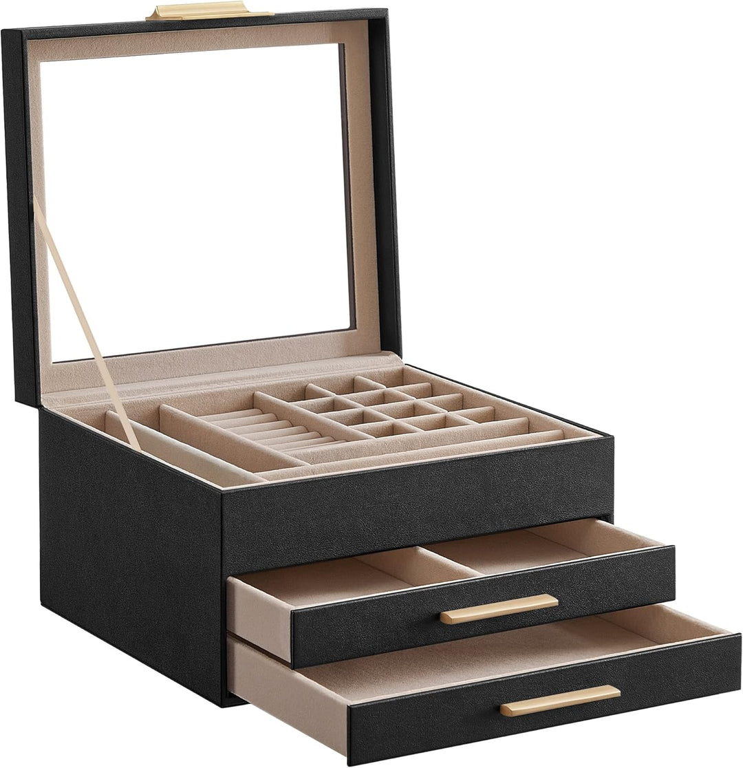 SONGMICS Schmuckkästchen, Schmuckkasten 3 Ebenen, Schmuckbox mit Glasdeckel, 2 Schubladen, Schmuckau