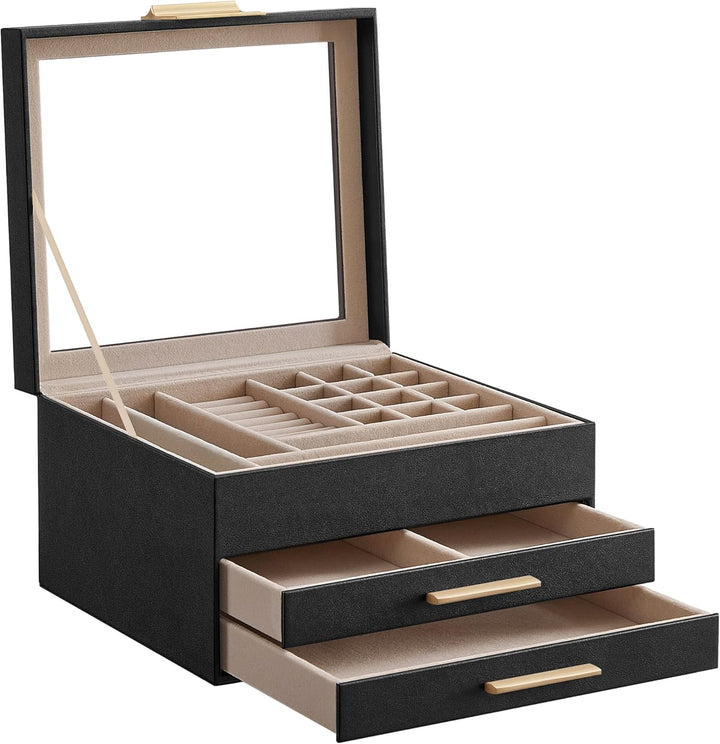SONGMICS Schmuckkästchen, Schmuckkasten 3 Ebenen, Schmuckbox mit Glasdeckel, 2 Schubladen, Schmuckau