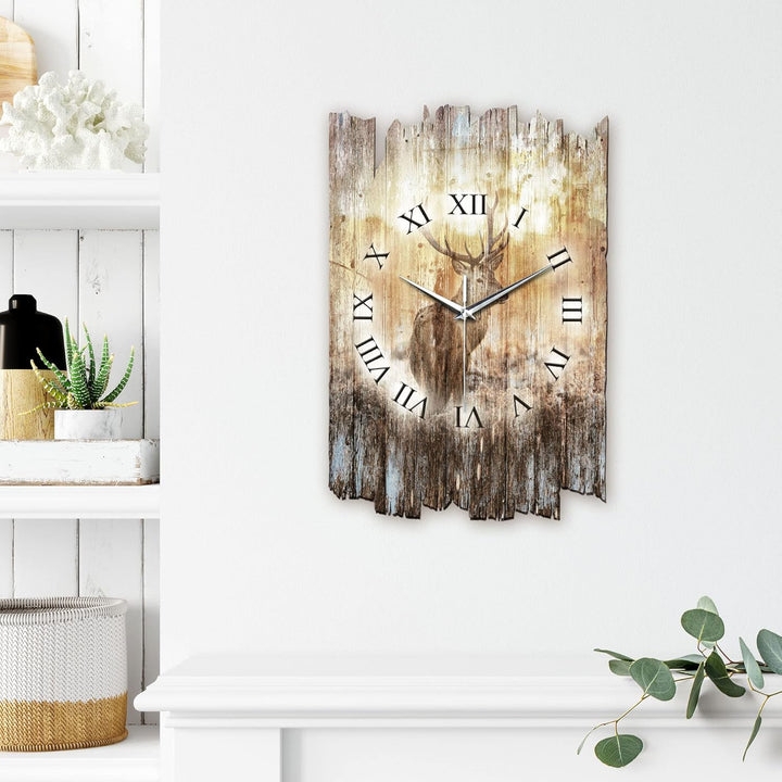 Kreative Feder Hirsch Shabby Style Designer Wanduhr Funkuhr aus Holz *Made in Germany leise ohne Tic