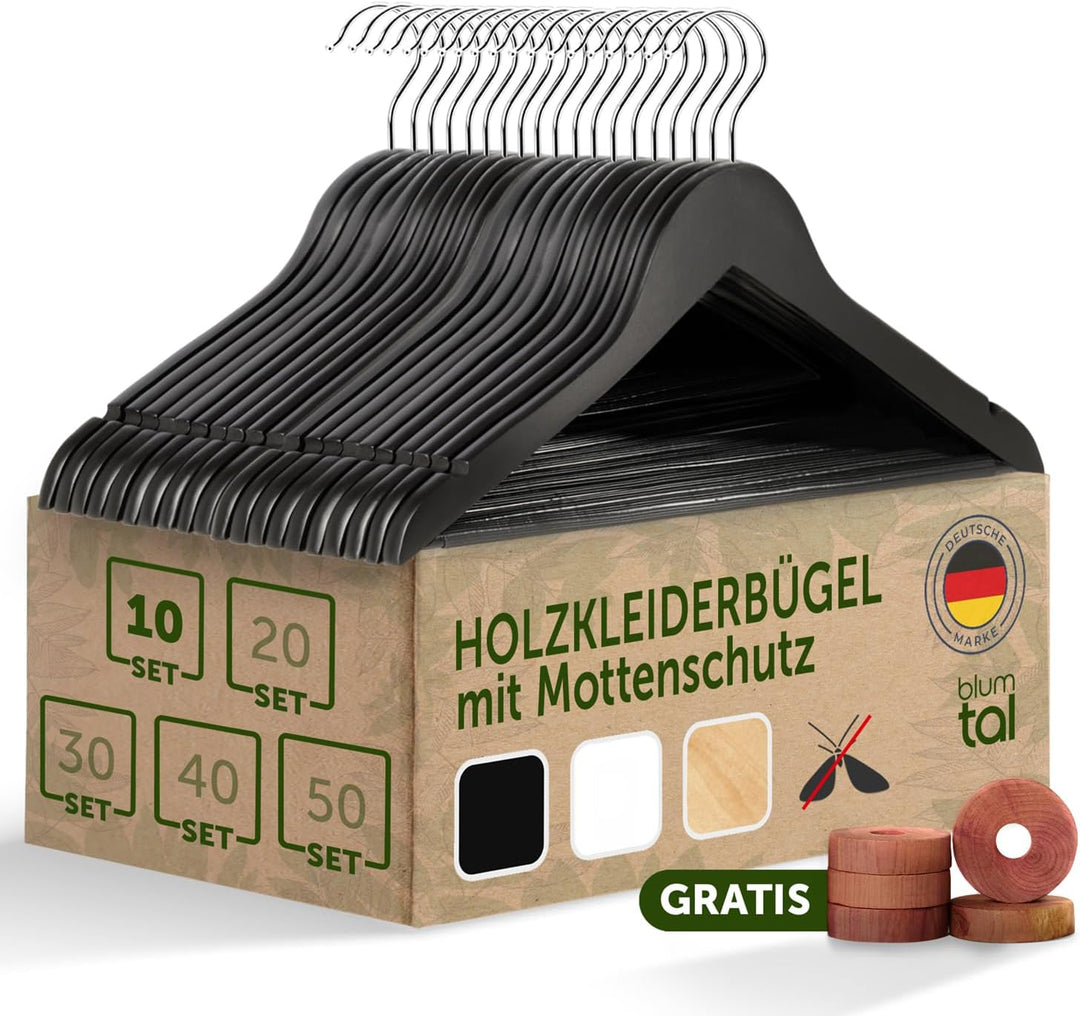Blumtal Kleiderbügel Holz 10er Set - Holzbügel mit 360° drehbarem Metallhaken - Kleiderbügel Schwarz