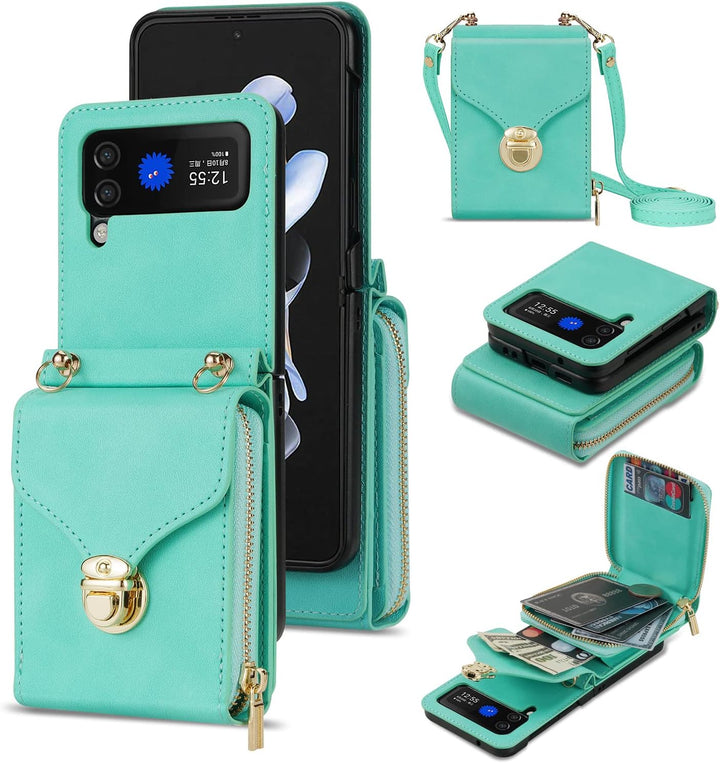 UDBKKDX Brieftasche Handyhülle für Samsung Galaxy Z Flip 5, Schnalle Frauen Mattes Leder hülle mit B