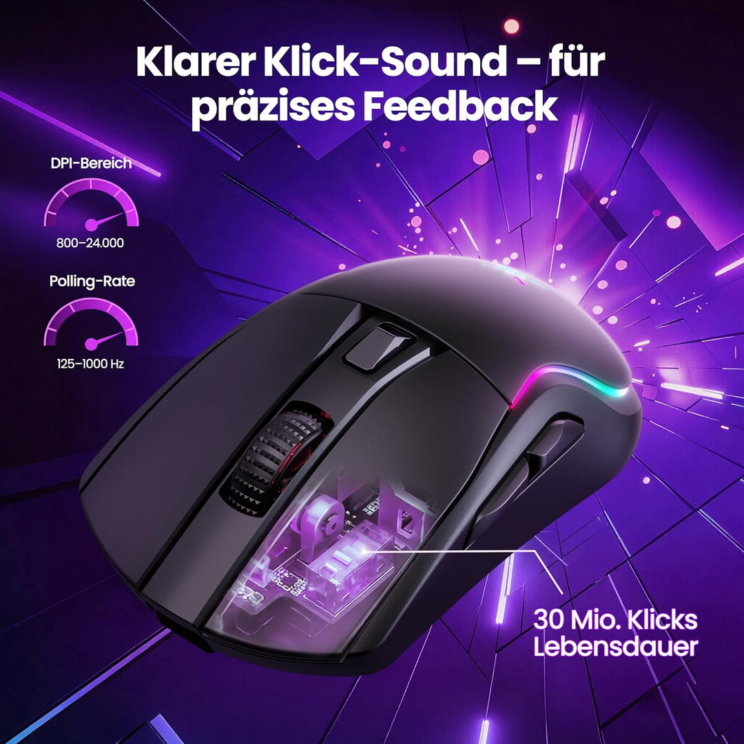 TECKNET Gaming Maus Kabellos, 24000 DPI mit DREI Verbindungsmodi und 6 RGB-Leuchten, Wiederaufladbar