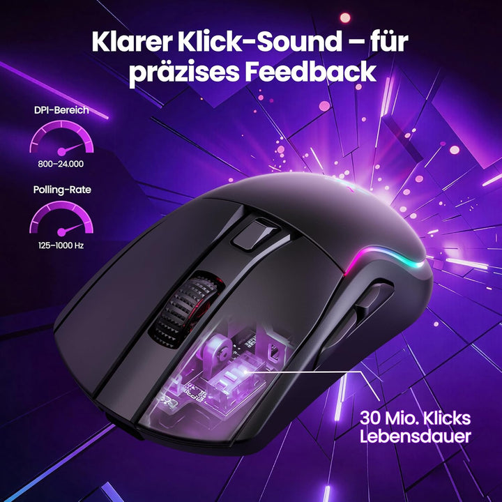 TECKNET Gaming Maus Kabellos, 24000 DPI mit DREI Verbindungsmodi und 6 RGB-Leuchten, Wiederaufladbar