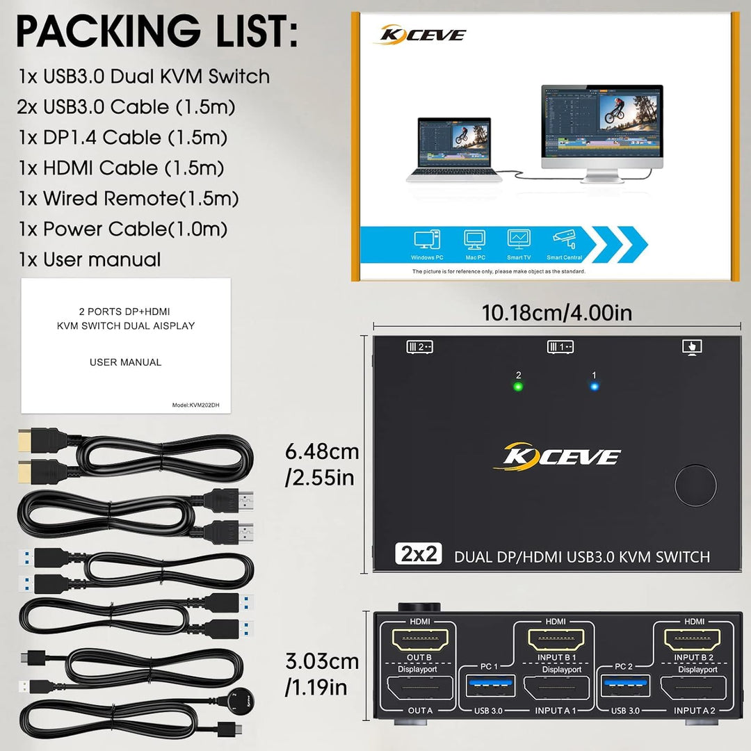 Dual Monitor KVM Switch Displayport HDMI, Camgeet KVM Switch 2 PC 2 Monitore, KVM Switches Displaypo