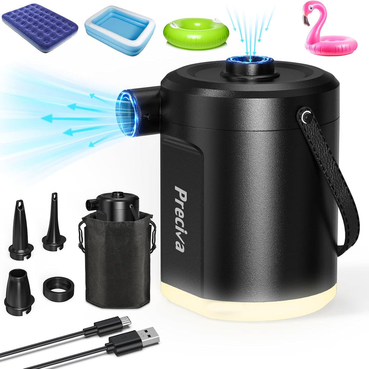 Preciva Elektrische Luftpumpe mit Akku, 5000mAh USB-C wiederaufladbar, 280L/Min 4kPa, Kompakte Campi