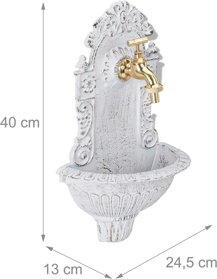 Relaxdays Wandbrunnen antik, mit Wasserhahn, nostalgisch, Waschbecken Garten, Aluguss, H x B x T 40