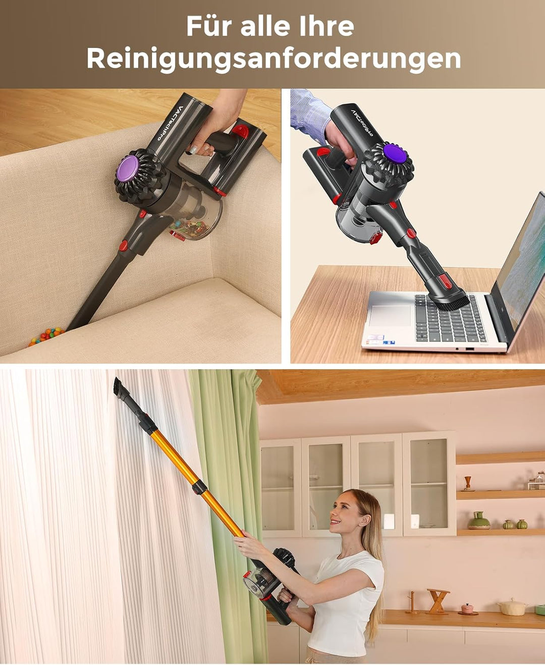 VACTechPro 40KPa Akku Staubsauger kabellos,Kabelloser Staubsauger mit abnehmbarem Akku,bis zu 40min