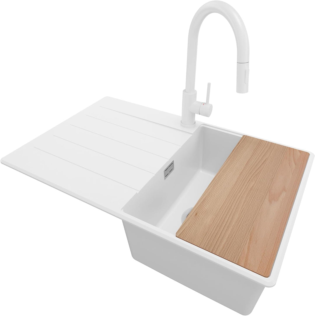 Granitspüle Weiss 78x50 cm, Spülbecken + Ablauf-Set + Küchenarmatur 9000, Küchenspüle für 45er Unter