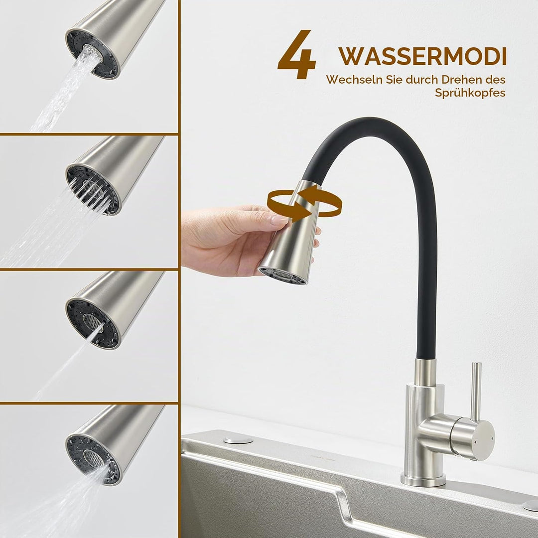 Wasserhahn Küche Flexibler, Küchenarmatur mit Flexibler Auslauf 4 Modus, Hochdruck Mischbatterie Spü