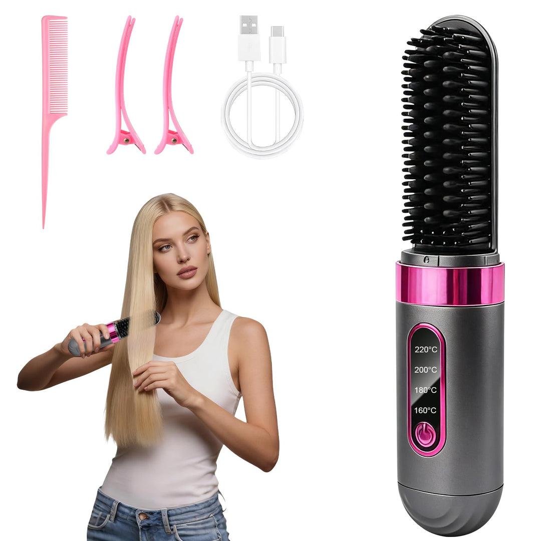 Glättbürste Kabellos, Stylingbürste Für Kurze Langes Haare, Haarglätter Bürste Kabellos mit 4 Wärmes