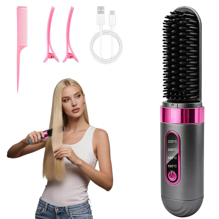 Glättbürste Kabellos, Stylingbürste Für Kurze Langes Haare, Haarglätter Bürste Kabellos mit 4 Wärmes