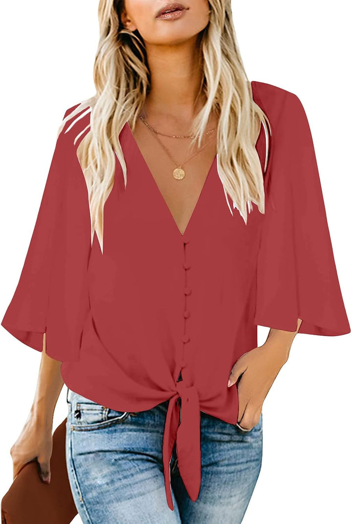 Roskiky Damen Bluse Chiffon Elegant V-Ausschnitt Bell Sleeve Fledermausärmel Oberteile Hemd Loose To