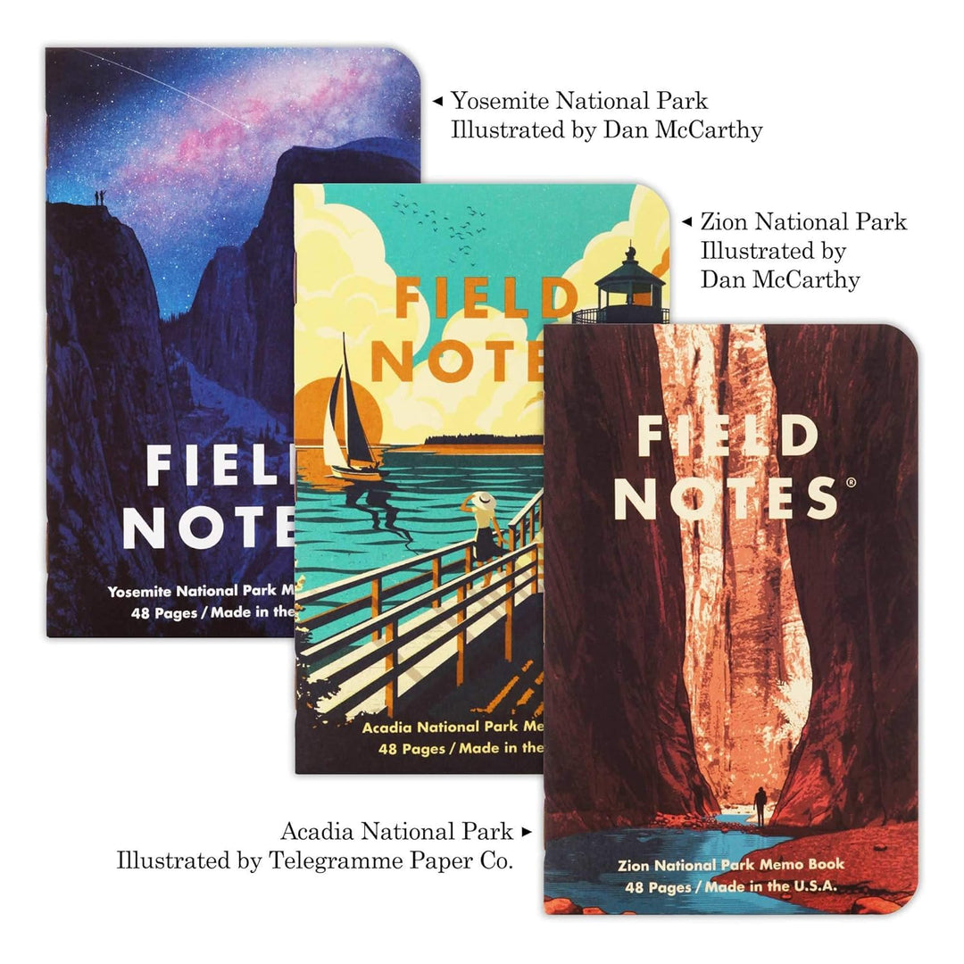 Field Notes: National Parks Serie (Serie A - Yosemite, Acadia, Zion) - Graph Paper Memo Book 3er Pac