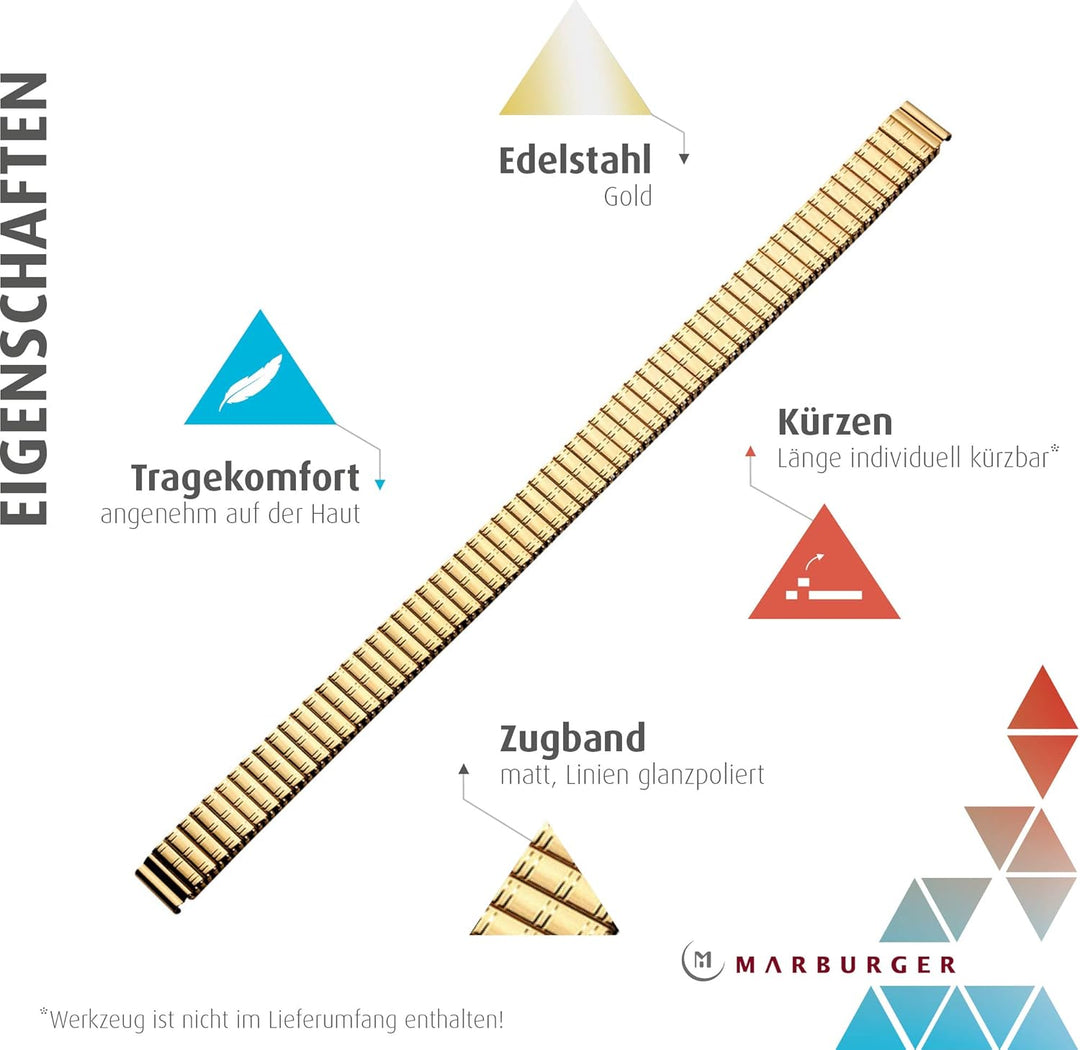 MARBURGER Uhrenarmband 10mm Edelstahl Gold XL - Werkzeug Montage Set 82501330020