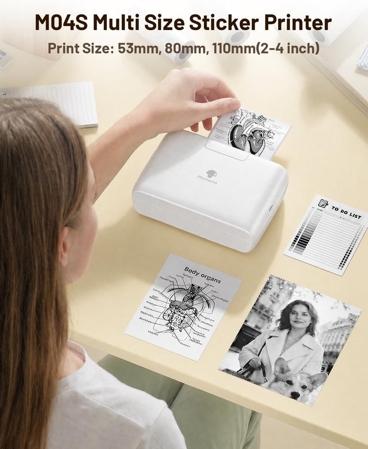 Phomemo M04S 110mm Mini Drucker Tragbarer – 300DPI Taschendrucker Bluetooth Thermodrucker für Handy,