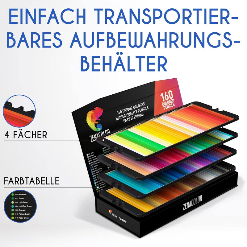 160 Zenacolor Buntstifte (Nummeriert) - Einfach aufzubewahren - Professionelles Buntstifte Set für E