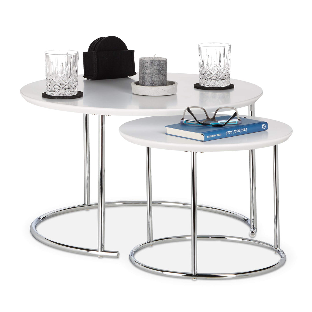 Relaxdays rund, Kleiner Couchtisch matt, Satztisch Holz und Metall, verchromt Beistelltisch 2er Set,