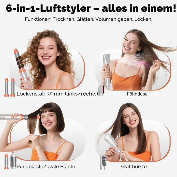 6 in 1 Hairstyler, 110000 U/MIN Haartrockner & Haarstyler Set mit Rundbürstenföhn, Warmluftbürste, T