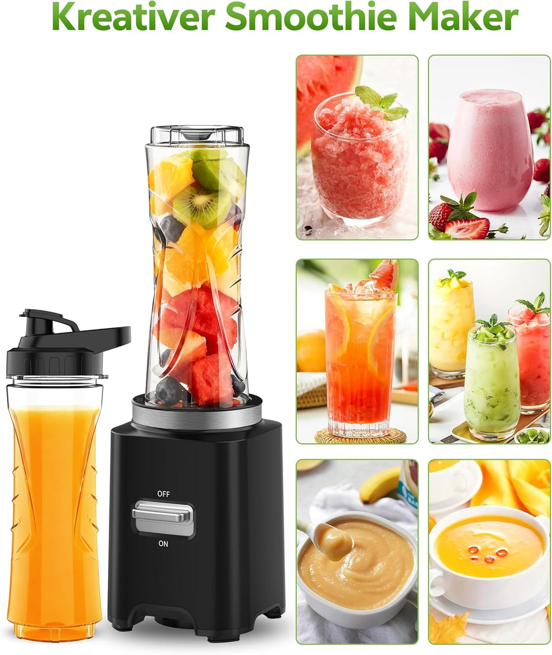Mixer,Mini Smoothie Maker,500W Tragbarer Standmixer,Hochleistungsmixer mit 2 * 600ml Flaschen BPA Fr