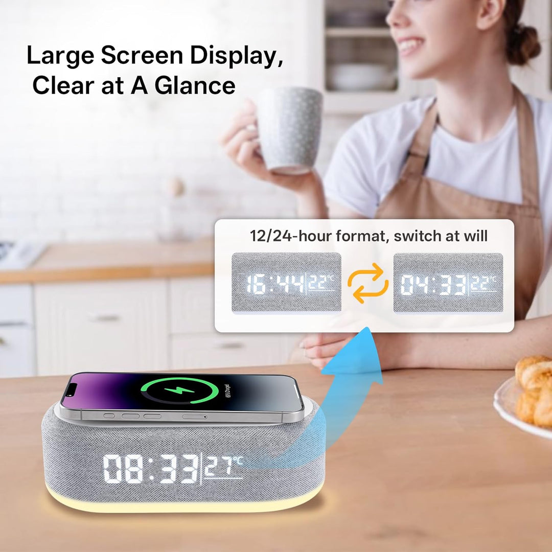 4 In1 Wecker Digital, Wecker mit Ladestation, Wireless Charger, Smart Wecker mit Licht und Temperatu