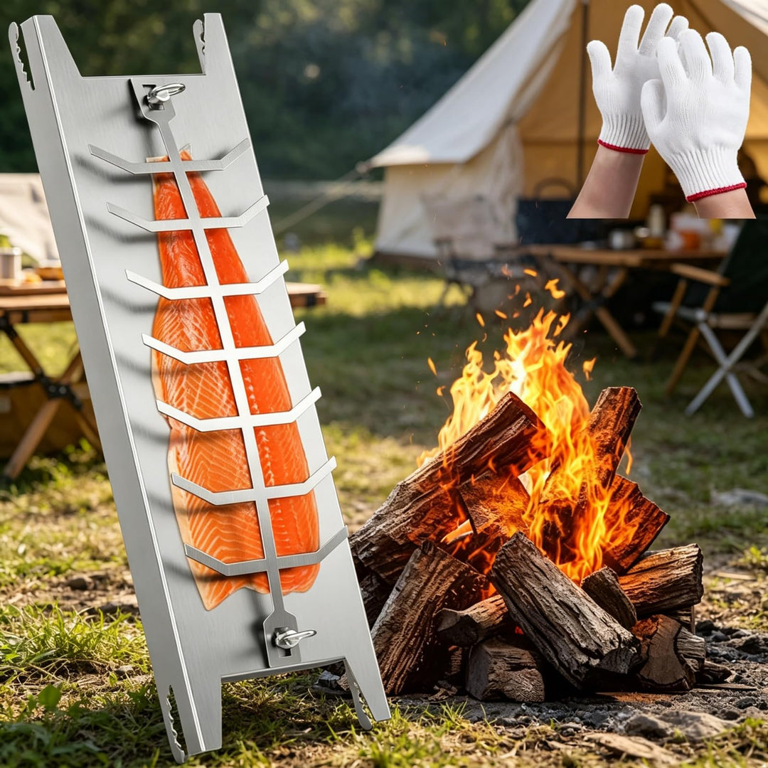 Flammlachsbrett Edelstahl, Flammlachsbrett für Feuerschale, 180° Drehbar, mit Verbrühungssicherer Ha