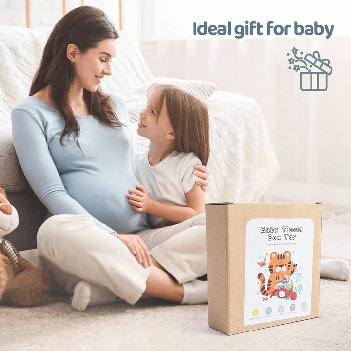 WOODEN TEETHER Baby Tissue Box Toy 6-12 Monate Montessori Sensorik Spielzeug, Fördert Sensorische &