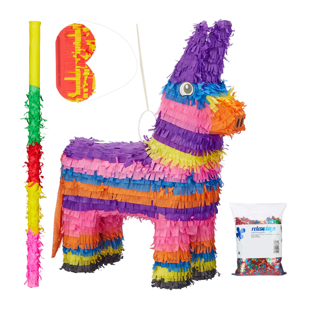 Relaxdays 4 TLG. Pinata Set Esel, XXL Konfetti Sack, Pinatastock mit Augenmaske, Kinder Pinata zum b