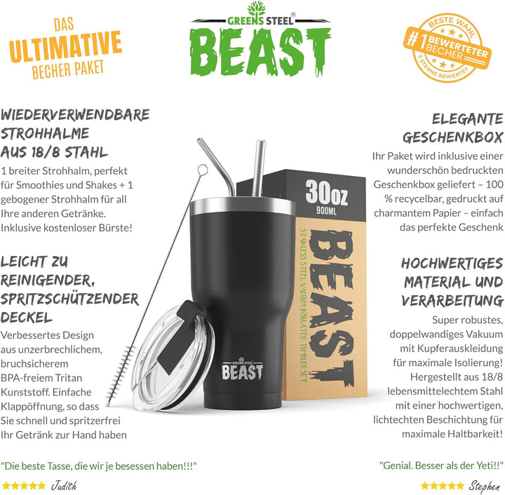 Beast Thermobecher 900 ml - Matt-schwarz I Mehrweg Thermo Kaffeebecher To Go mit 2 Strohhalmen & Rei