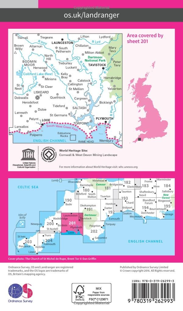 Plymouth & Launceston, Tavistock & Looe (OS Landranger Map, Band 201), Karte