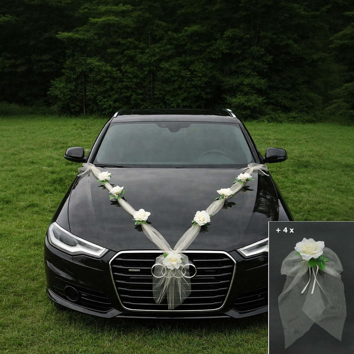 Organza M + Schleife Auto Schmuck Braut Paar Rose Deko Dekoration Autoschmuck Hochzeit Car Auto Wedd