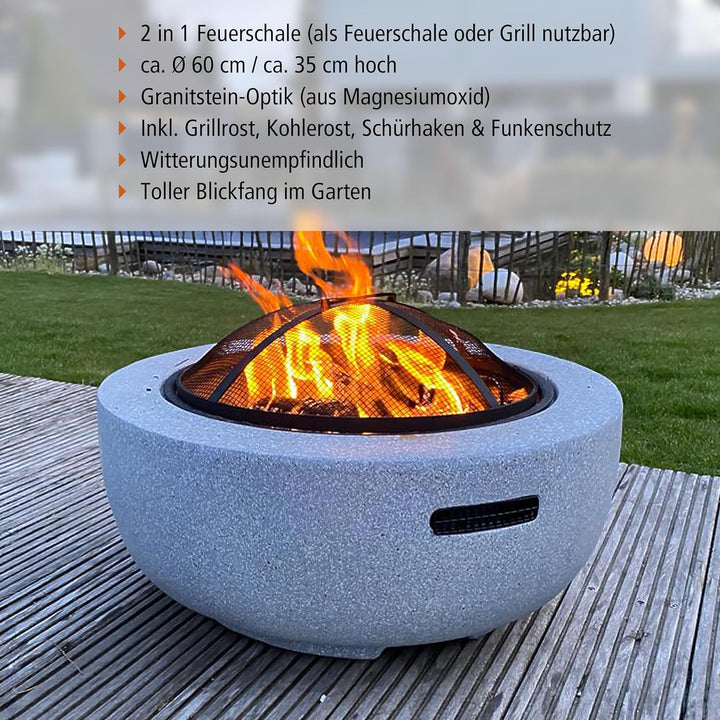 Feuerschale 2-in-1 aus Kunststein in Granitoptik | ca. Ø 60 cm | inkl. Grillrost, Schürhaken & Funke