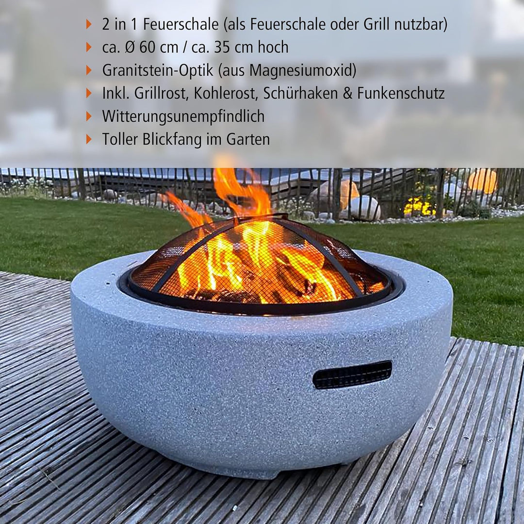Feuerschale mit Funkenschutz für den Garten, rund, Ø 60 cm, Granitoptik, inkl. Schürhaken, mit Grill