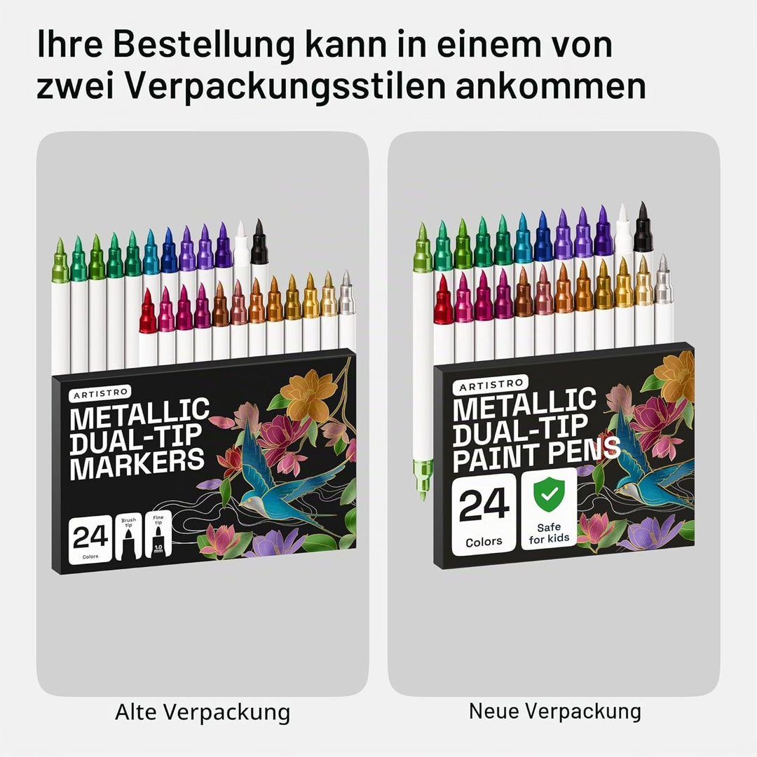 Artistro 24 Metallic Acrylstifte mit Doppelspitze (Pinsel & Feine Spitze), Mehrfarbig – Für Stoff, L