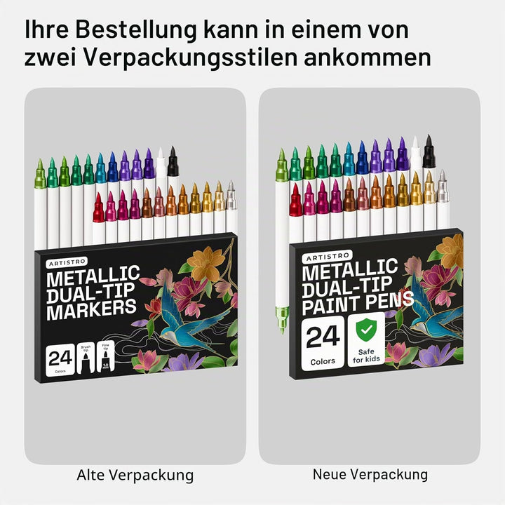 Artistro 24 Metallic Acrylstifte mit Doppelspitze (Pinsel & Feine Spitze), Mehrfarbig – Für Stoff, L