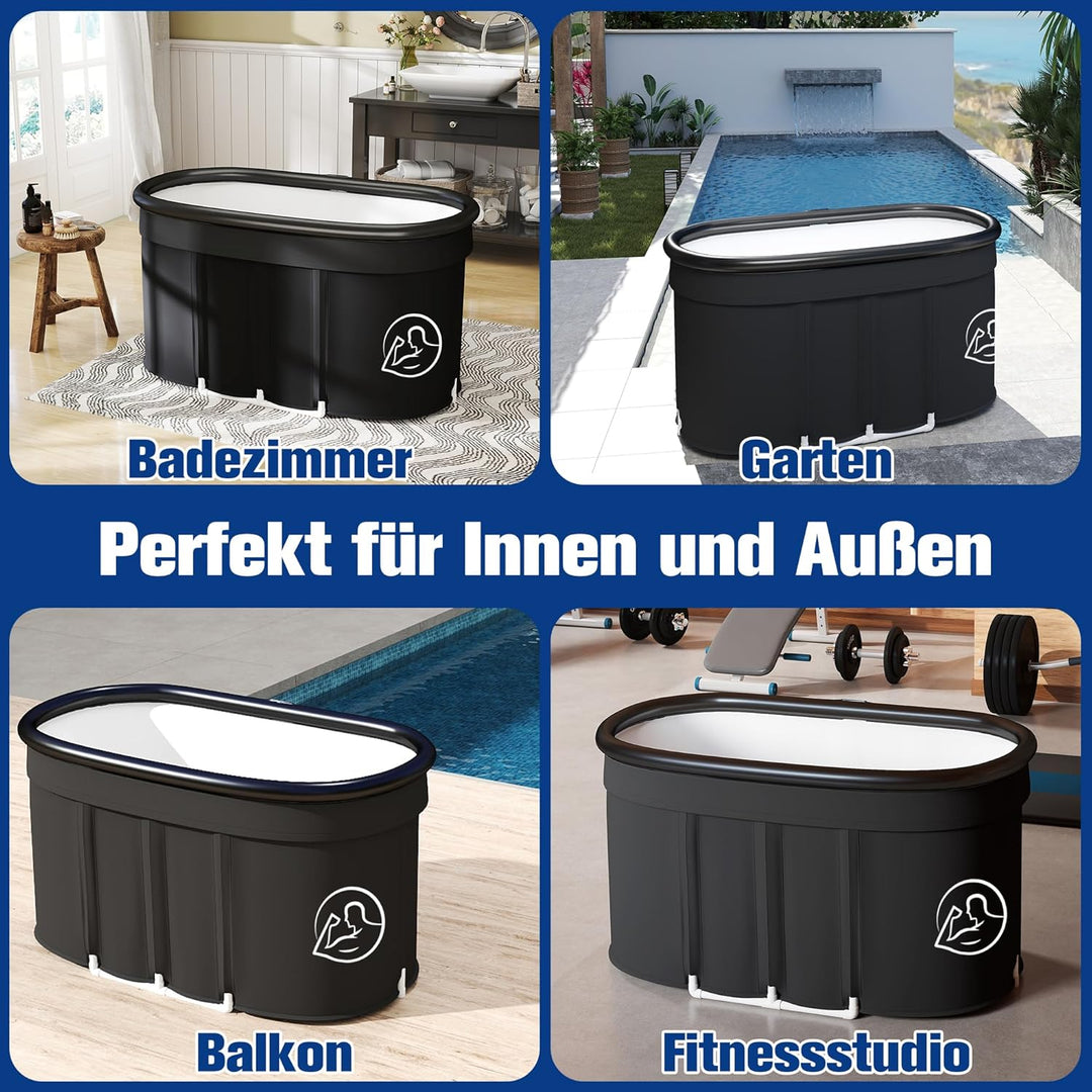 Ovales Eisbad XXL (120 cm) mit Abdeckung Komplettset - Faltbare Badewanne Erwachsene Eisbaden Tonne