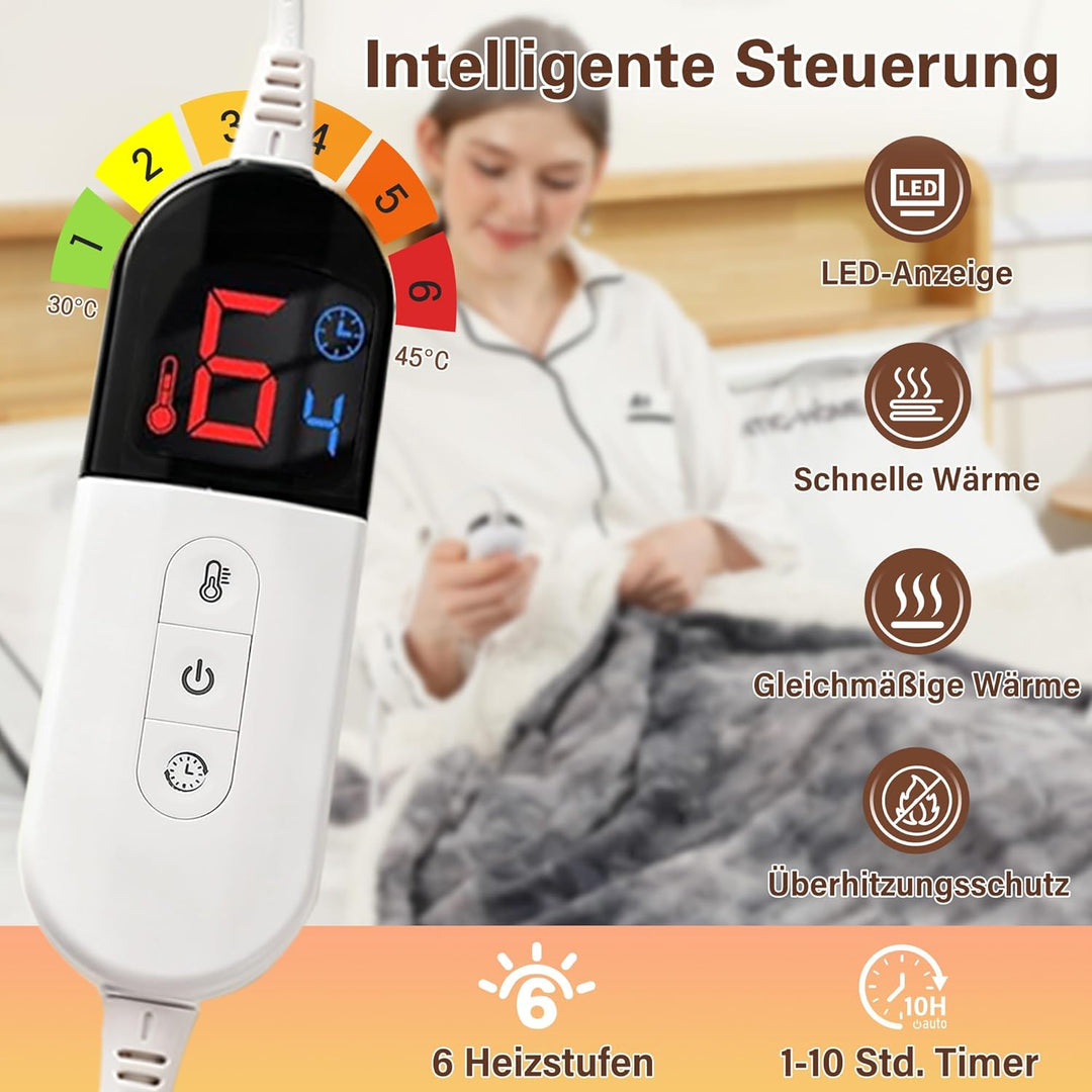 ESTINGO Heizdecke mit Abschaltautomatik, 6 Temperaturstufen & 1~10Stunden Auto-Off-Timer Überhitzung