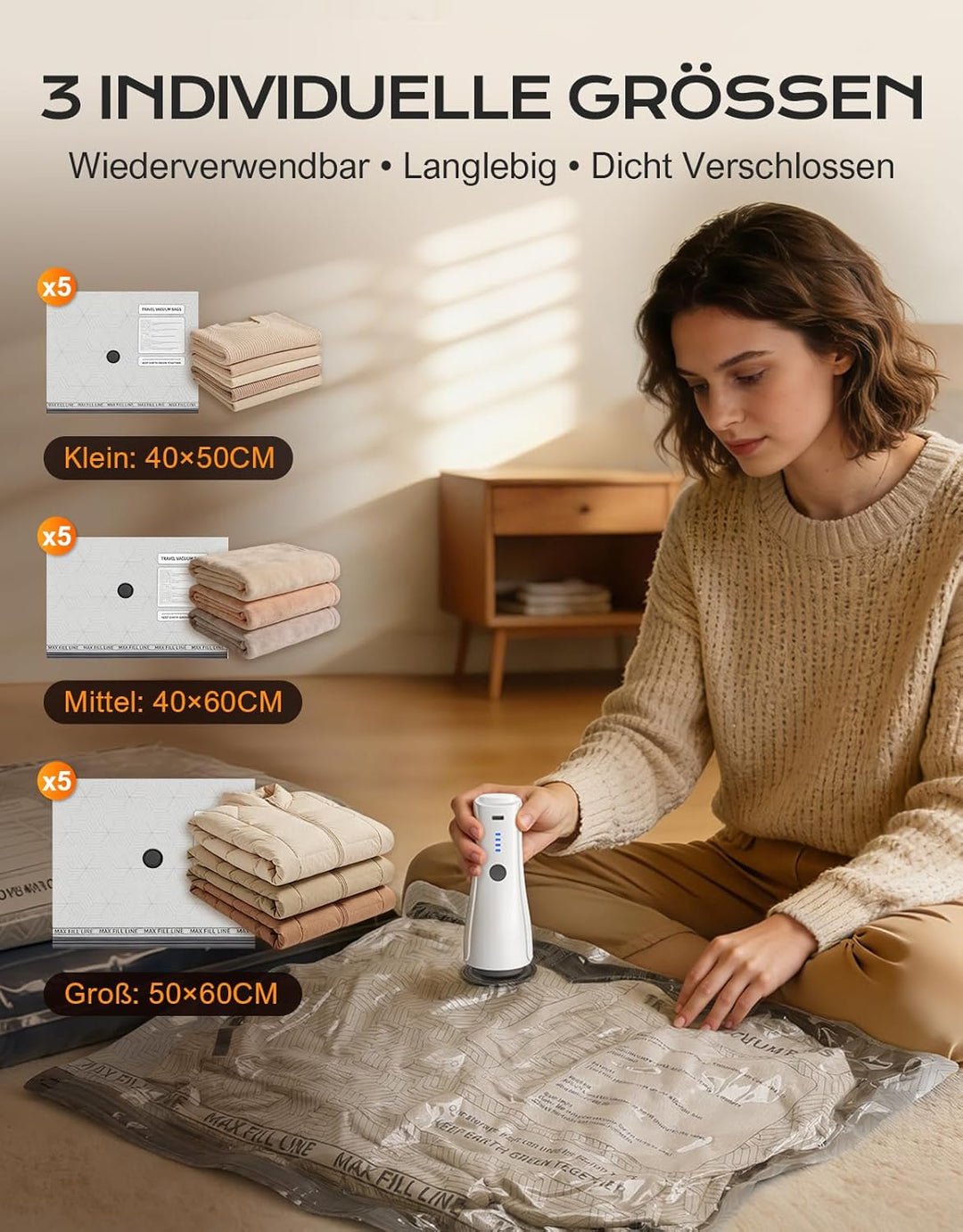 Vakuumbeutel für Kleidung mit Kabellose Elektrischer Pumpe [-5000PA Saugkraft], 15er Pack Wiederverw