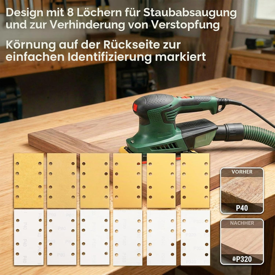 56 Stück 93 x 185mm Schleifpapier Set 40 60 80 120 180 240 320 Körnung Schleifblatt mit 8 Löchern 93
