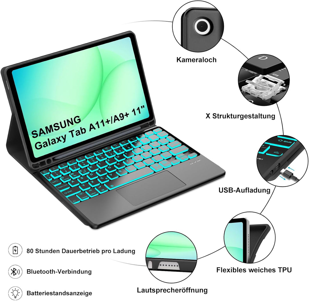 Hülle Mit Tastatur Für Samsung Galaxy Tab A11 Plus/Samsung A9 plus 11 Pulgadas 2023, 7 Farben Beleuc