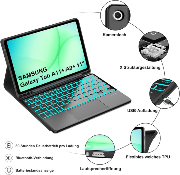 Hülle Mit Tastatur Für Samsung Galaxy Tab A11 Plus/Samsung A9 plus 11 Pulgadas 2023, 7 Farben Beleuc