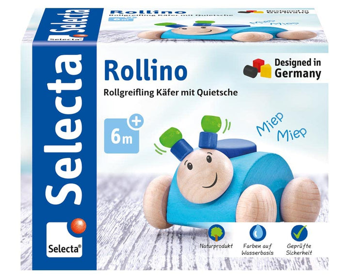 Rollino, 61073 blau, Greifling mit Quietsche aus Holz, 7,5 cm ,